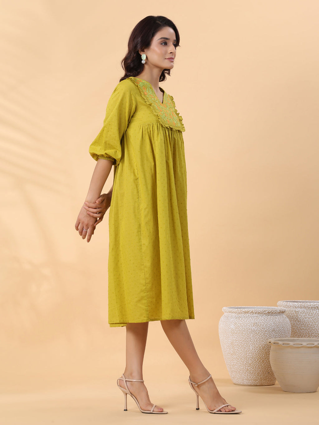 Janasya Pleated Dobby Cotton Lime Green Embroidered V-Neck Dress | Grocsy