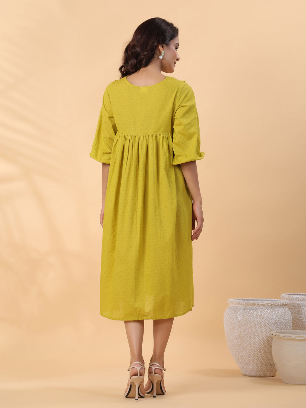 Janasya Pleated Dobby Cotton Lime Green Embroidered V-Neck Dress | Grocsy