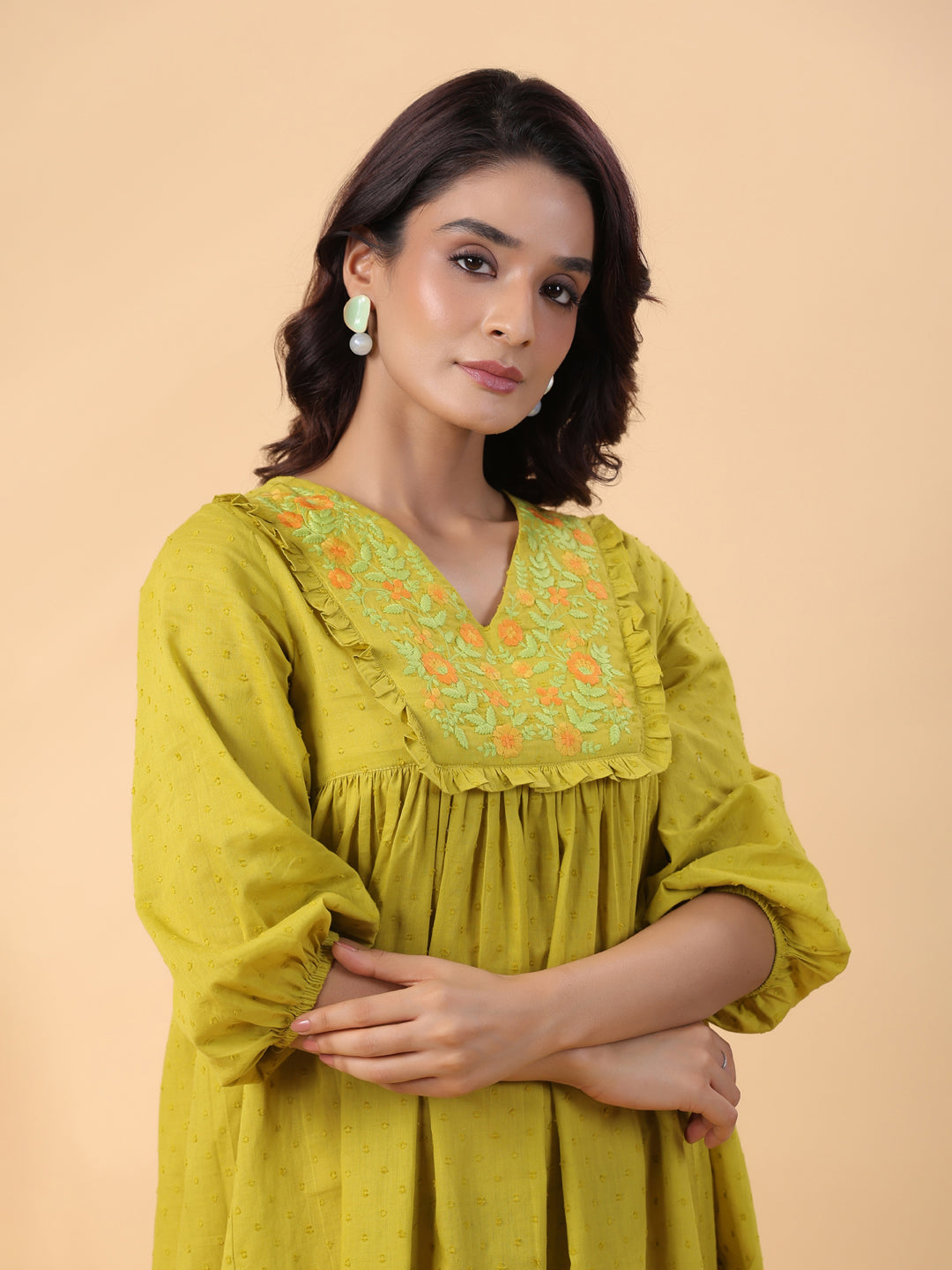 Janasya Pleated Dobby Cotton Lime Green Embroidered V-Neck Dress | Grocsy
