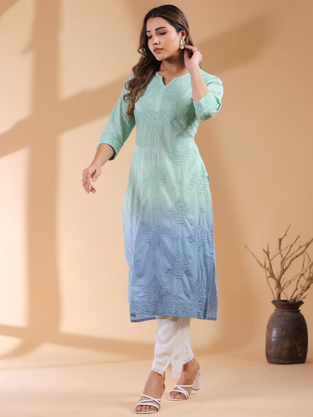 Janasya Bright Cotton Ombre Straight Kurta | Grocsy