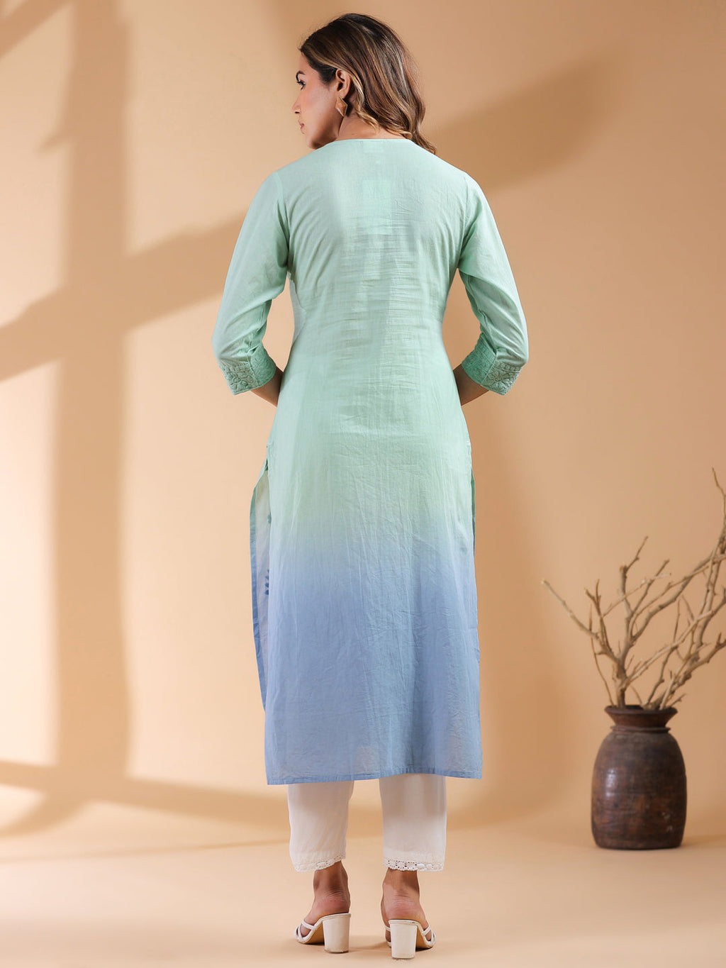 Janasya Bright Cotton Ombre Straight Kurta | Grocsy
