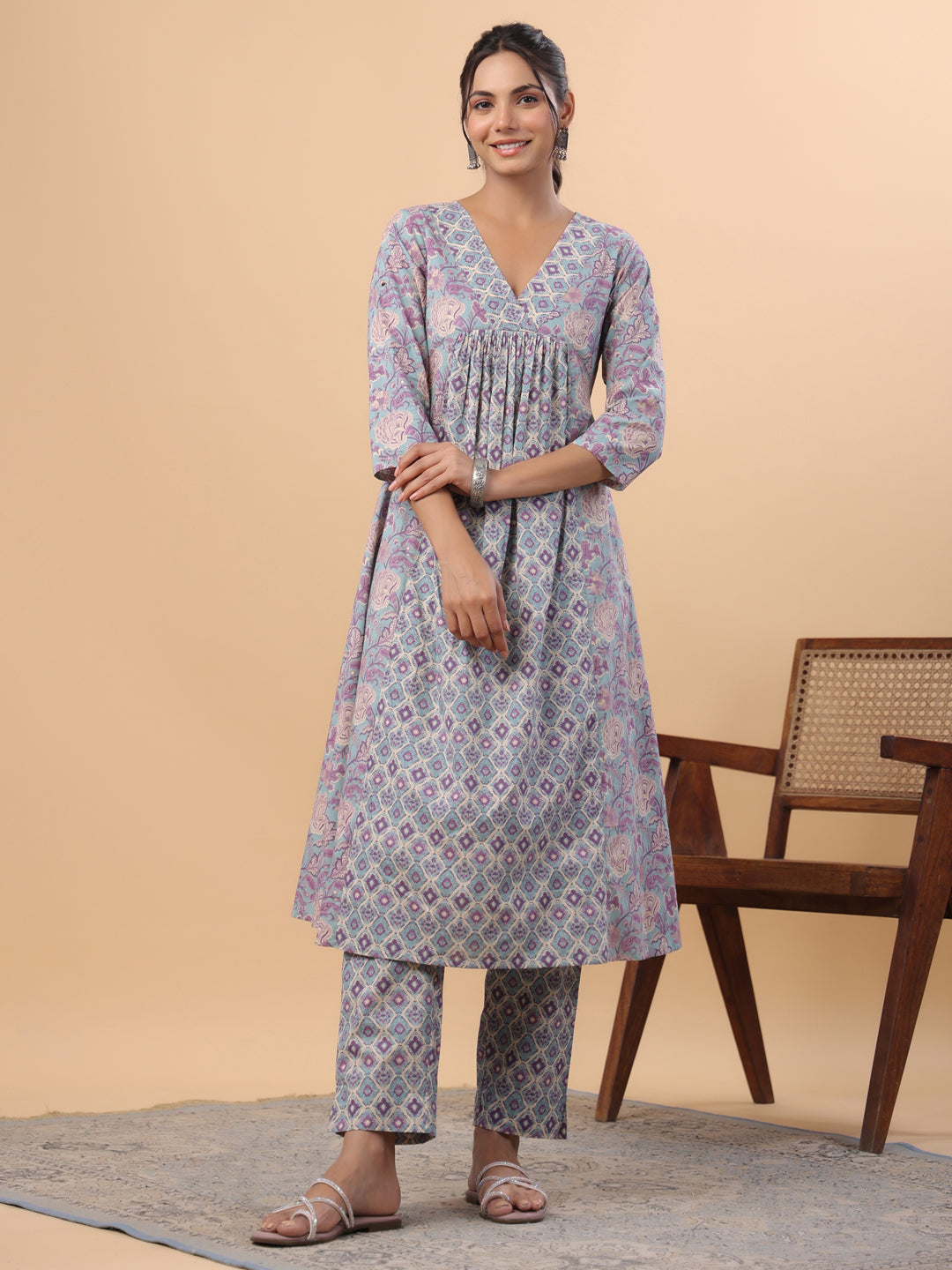 Janasya Light Blue Cambric Floral Set | Grocsy
