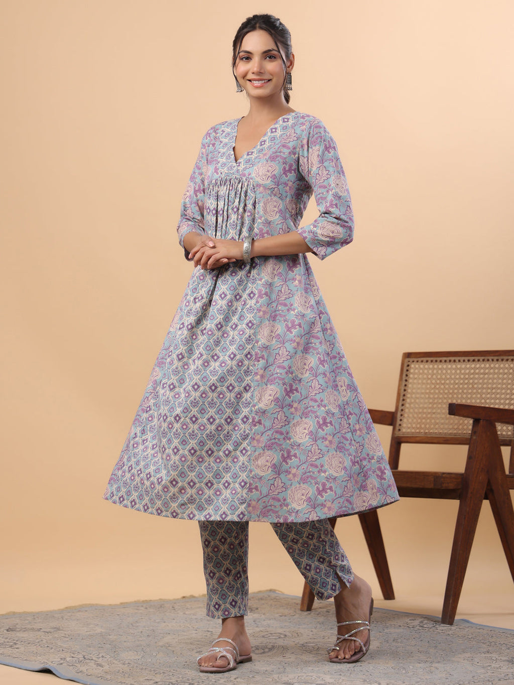 Janasya Light Blue Cambric Floral Set | Grocsy