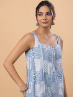 Janasya A-Line Cambric Blue Ethnic Motifs Sweetheart Neck Set | Grocsy