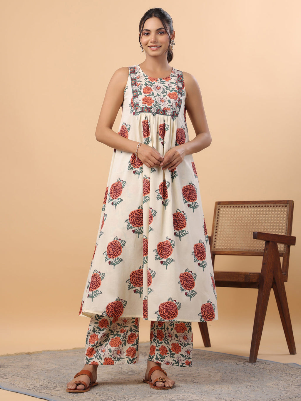 Janasya Gathered Cambric Cream Floral Round Neck Kurta & Bottom | Grocsy