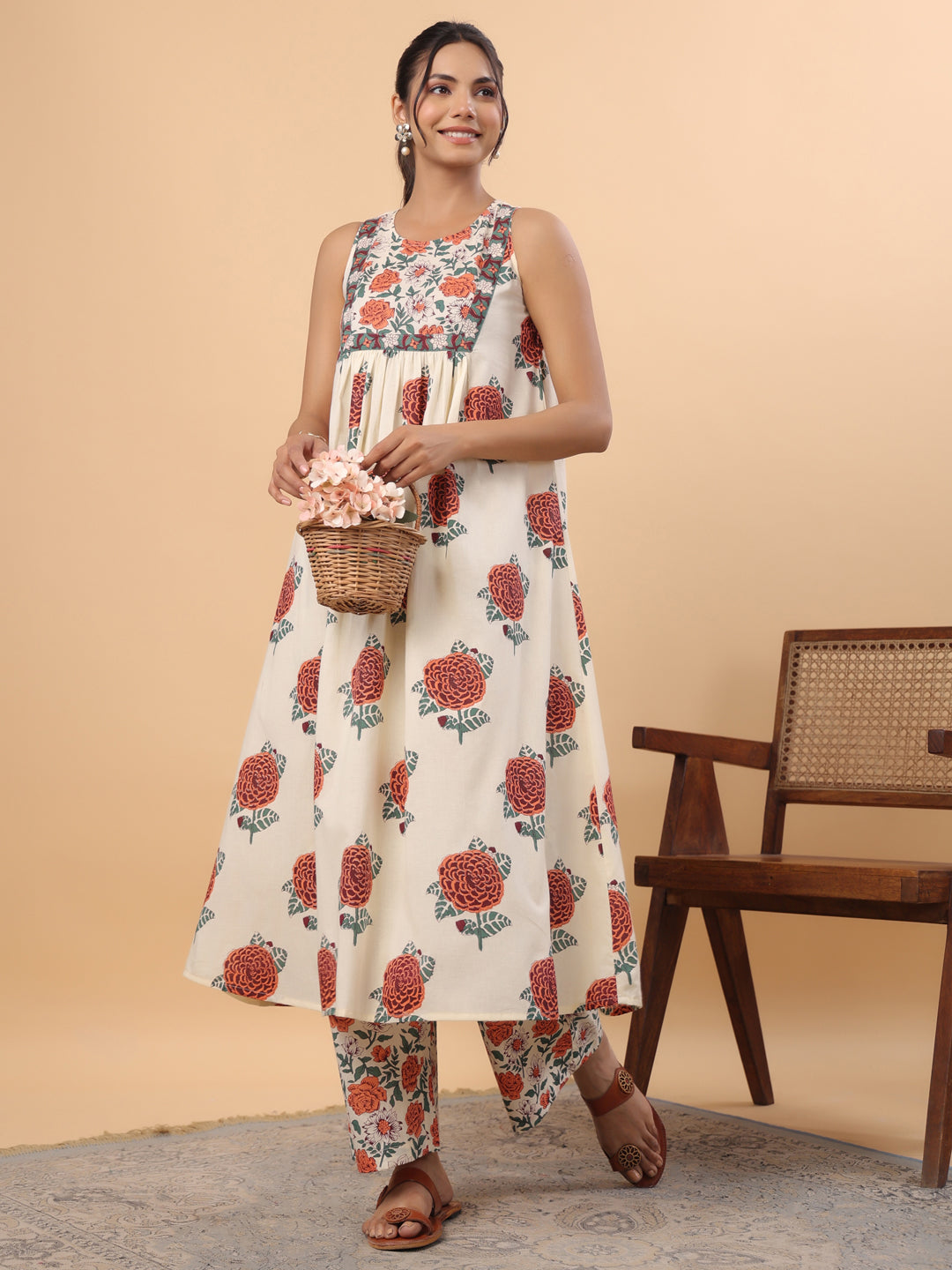 Janasya Gathered Cambric Cream Floral Round Neck Kurta & Bottom | Grocsy