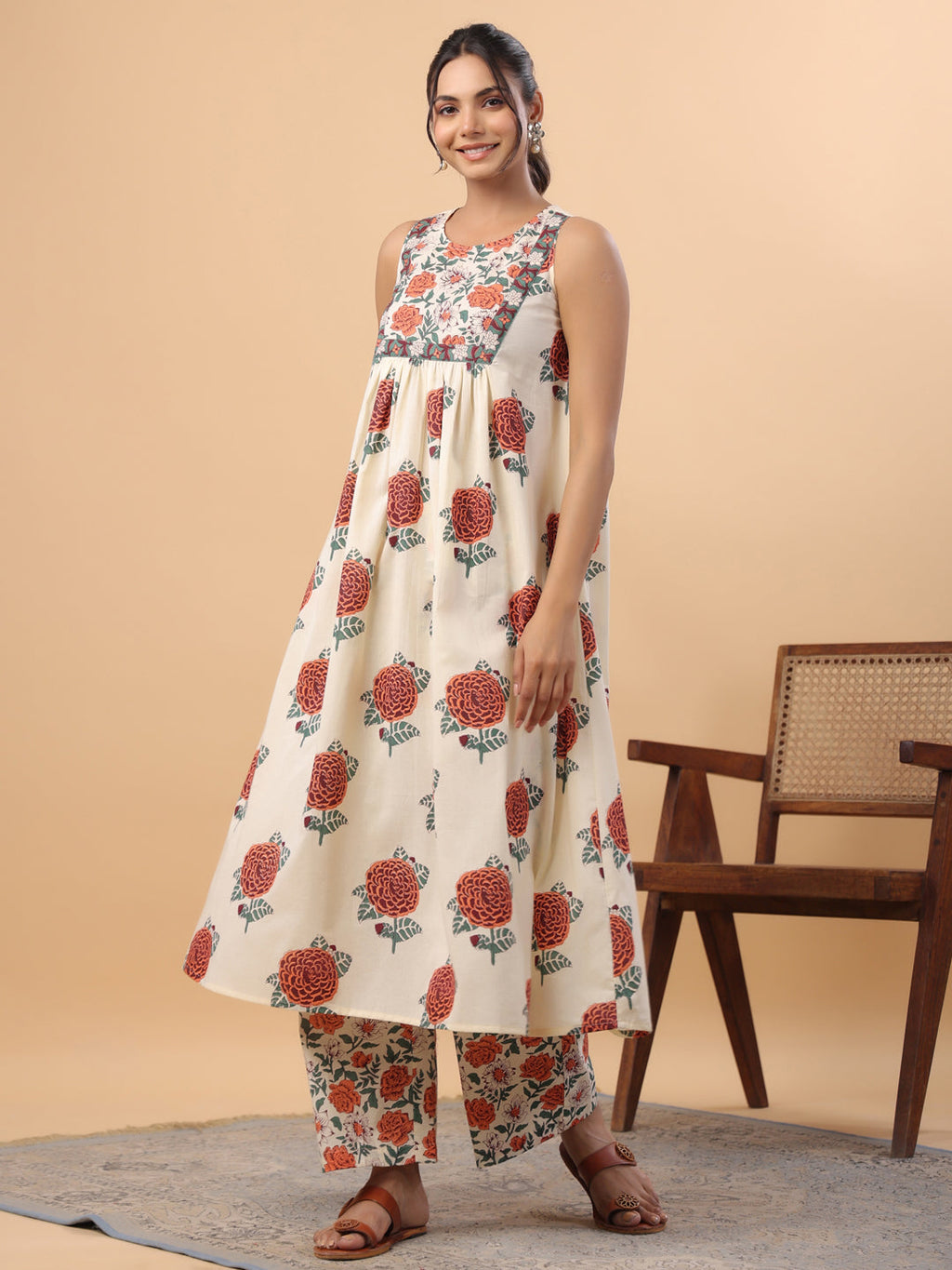 Janasya Gathered Cambric Cream Floral Round Neck Kurta & Bottom | Grocsy