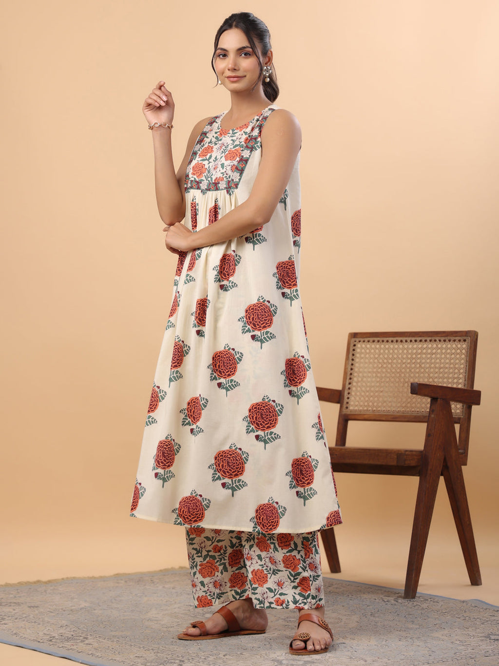 Janasya Gathered Cambric Cream Floral Round Neck Kurta & Bottom | Grocsy