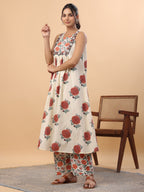 Janasya Gathered Cambric Cream Floral Round Neck Kurta & Bottom | Grocsy