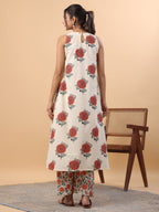 Janasya Gathered Cambric Cream Floral Round Neck Kurta & Bottom | Grocsy
