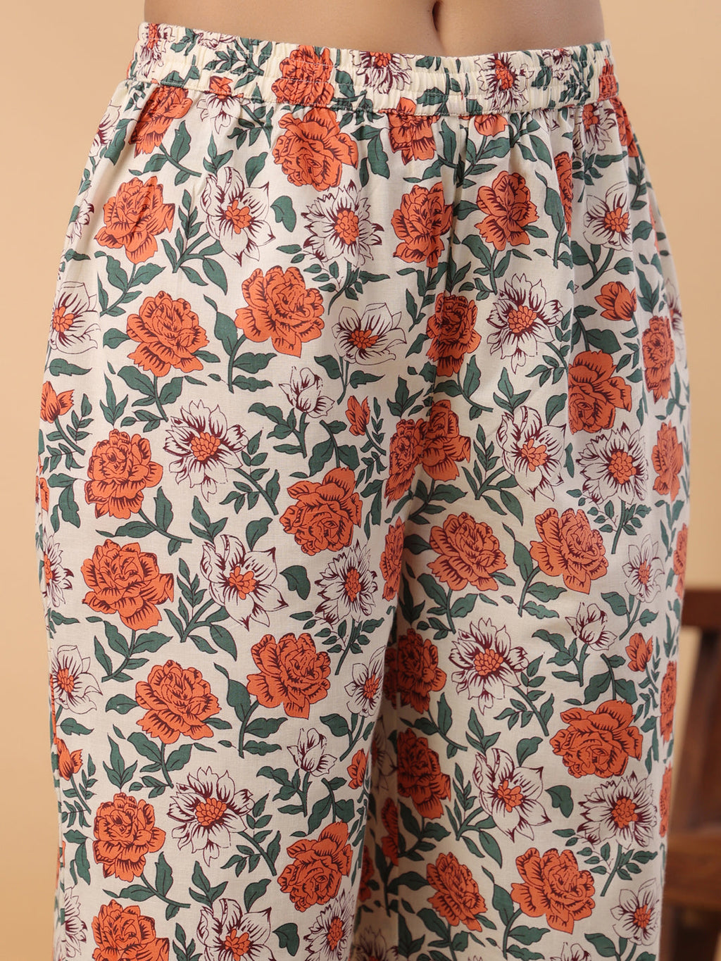 Janasya Gathered Cambric Cream Floral Round Neck Kurta & Bottom | Grocsy