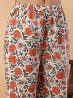 Janasya Gathered Cambric Cream Floral Round Neck Kurta & Bottom | Grocsy