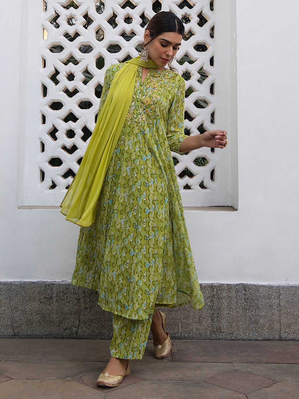 Janasya Anarkali Weightless Georgette Lime Green Yoke Embroidery Notch Neck Set | Grocsy