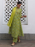 Janasya Anarkali Weightless Georgette Lime Green Yoke Embroidery Notch Neck Set | Grocsy