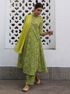 Janasya Anarkali Weightless Georgette Lime Green Yoke Embroidery Notch Neck Set | Grocsy