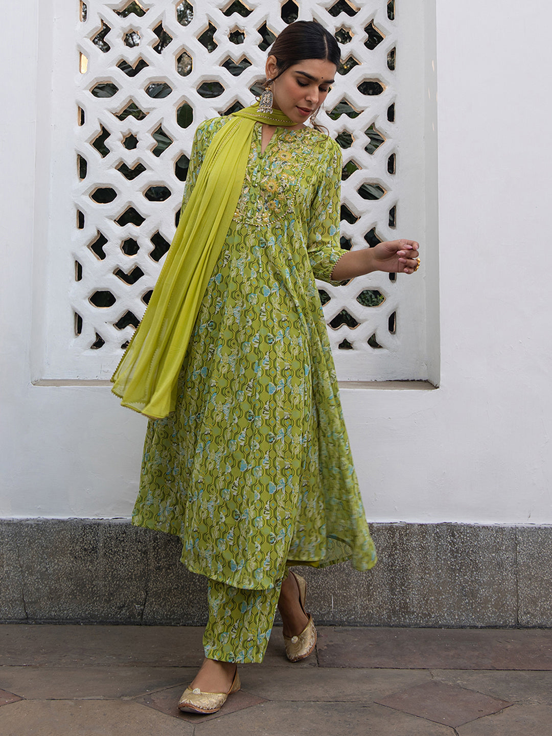 Janasya Anarkali Weightless Georgette Lime Green Yoke Embroidery Notch Neck Set | Grocsy