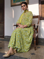 Janasya Anarkali Weightless Georgette Lime Green Yoke Embroidery Notch Neck Set | Grocsy