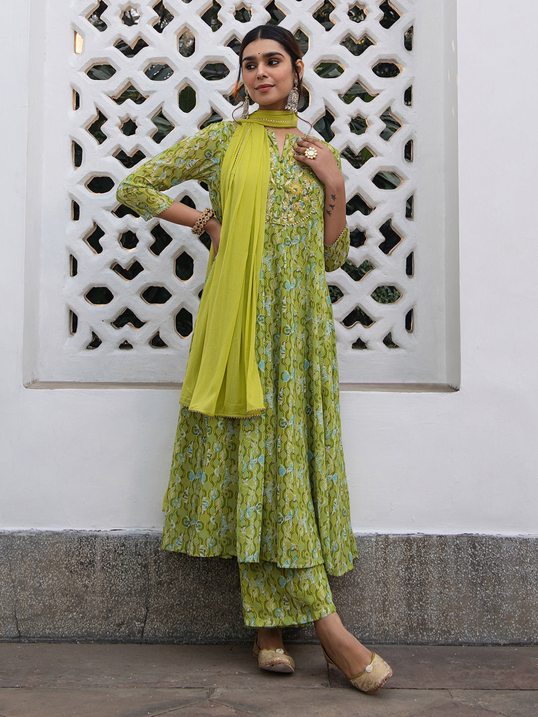 Janasya Anarkali Weightless Georgette Lime Green Yoke Embroidery Notch Neck Set | Grocsy