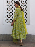 Janasya Anarkali Weightless Georgette Lime Green Yoke Embroidery Notch Neck Set | Grocsy