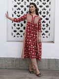 Janasya A-Line Cambric Red Floral Notch Neck Kurta & Bottom | Grocsy