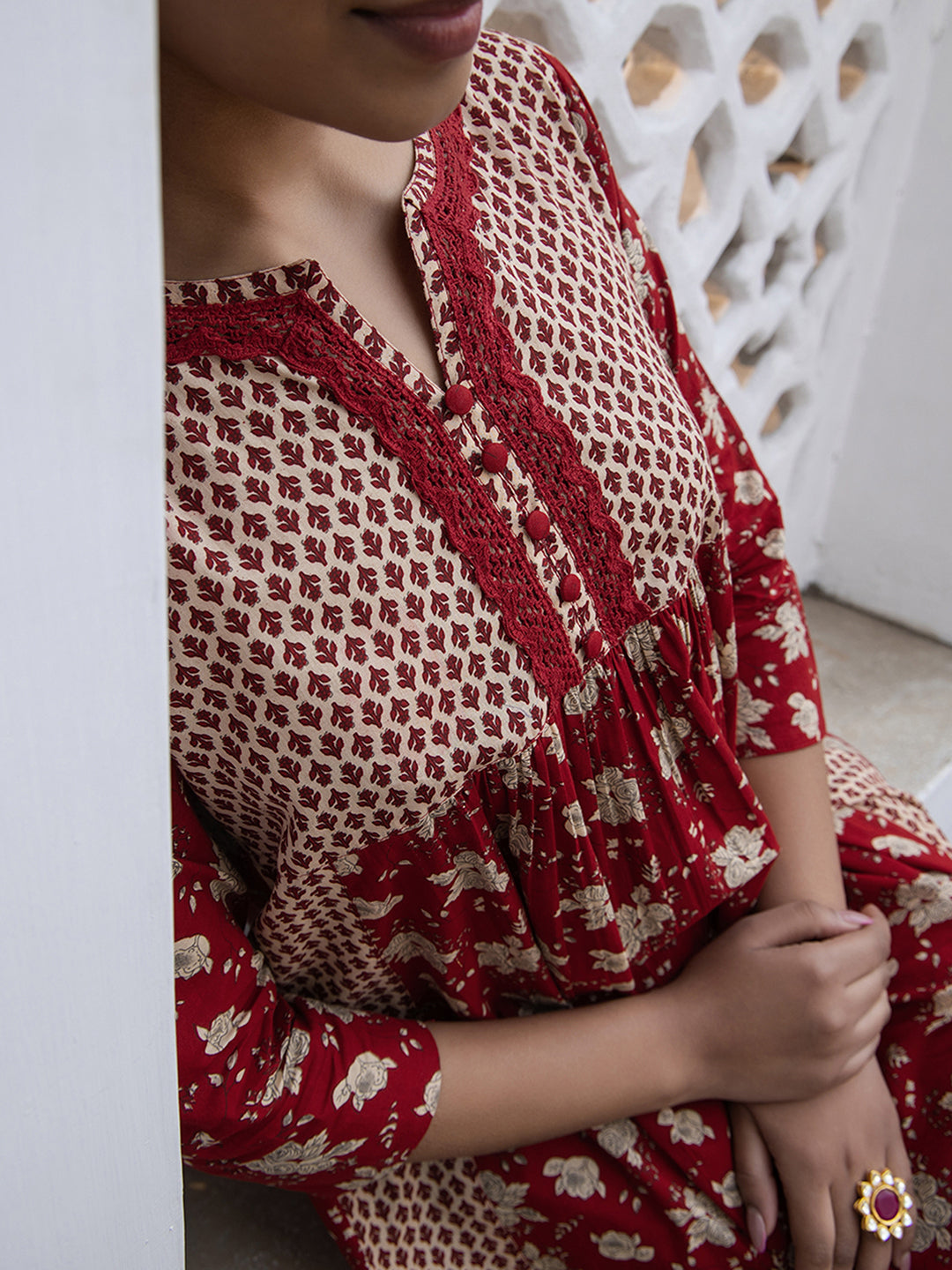Janasya A-Line Cambric Red Floral Notch Neck Kurta & Bottom | Grocsy