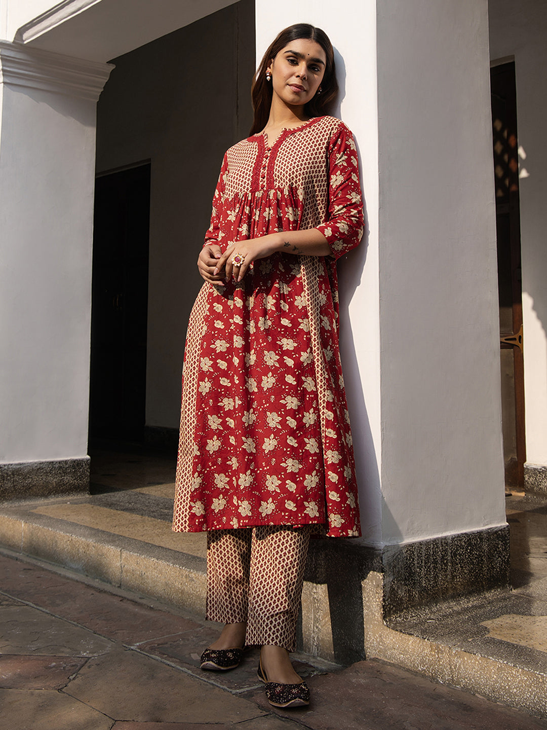 Janasya A-Line Cambric Red Floral Notch Neck Kurta & Bottom | Grocsy