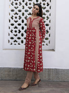 Janasya A-Line Cambric Red Floral Notch Neck Kurta & Bottom | Grocsy