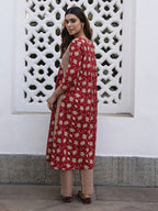 Janasya A-Line Cambric Red Floral Notch Neck Kurta & Bottom | Grocsy