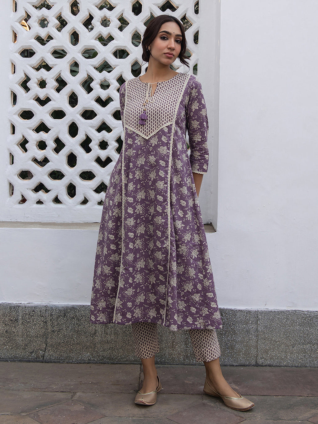 Janasya Purple Cotton Floral Kurta Set | Grocsy