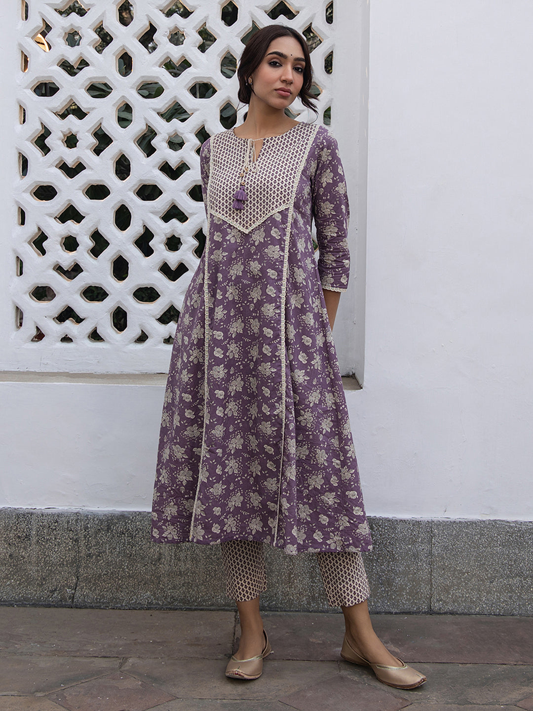 Janasya Purple Cotton Floral Kurta Set | Grocsy