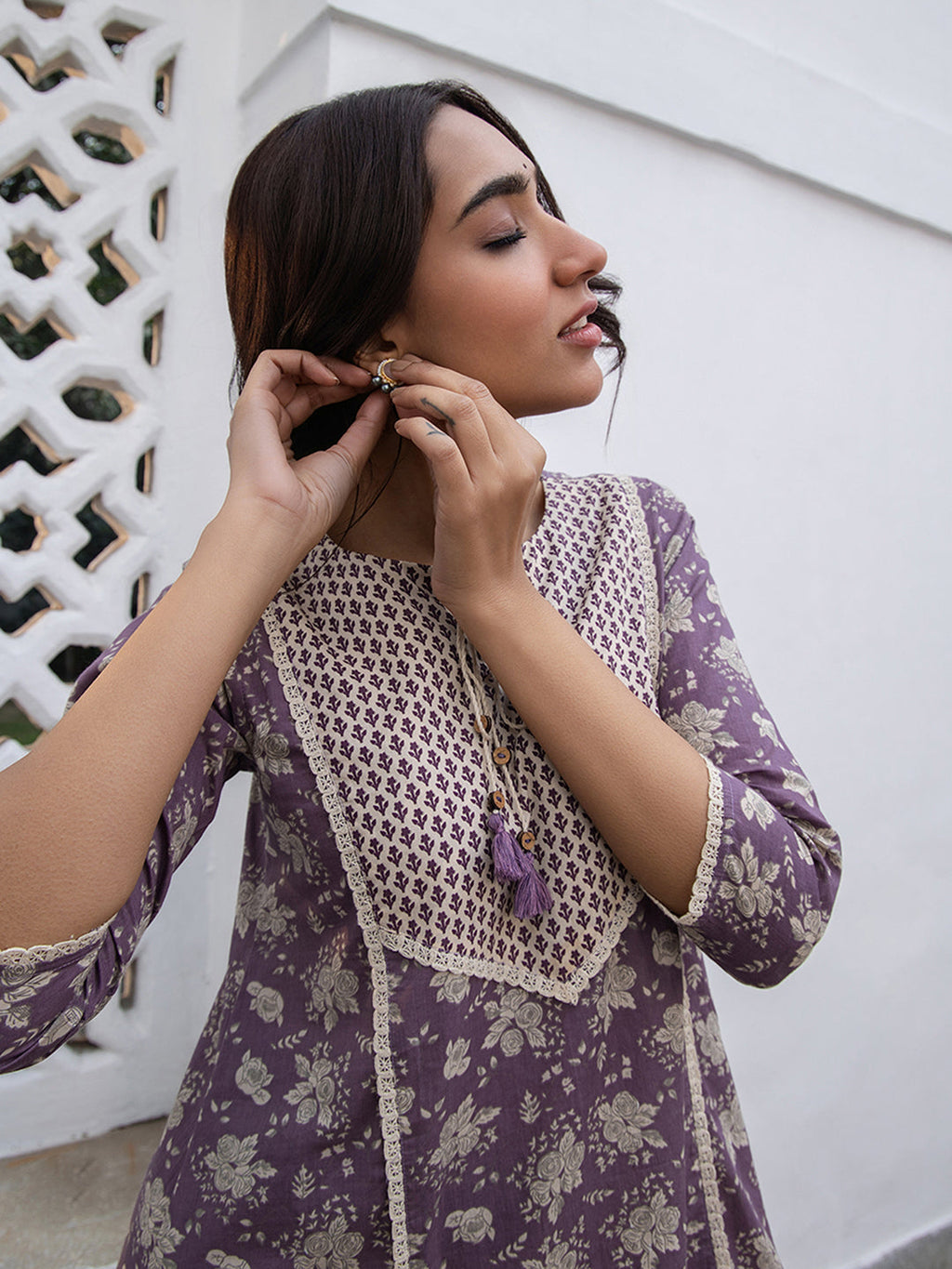 Janasya Purple Cotton Floral Kurta Set | Grocsy