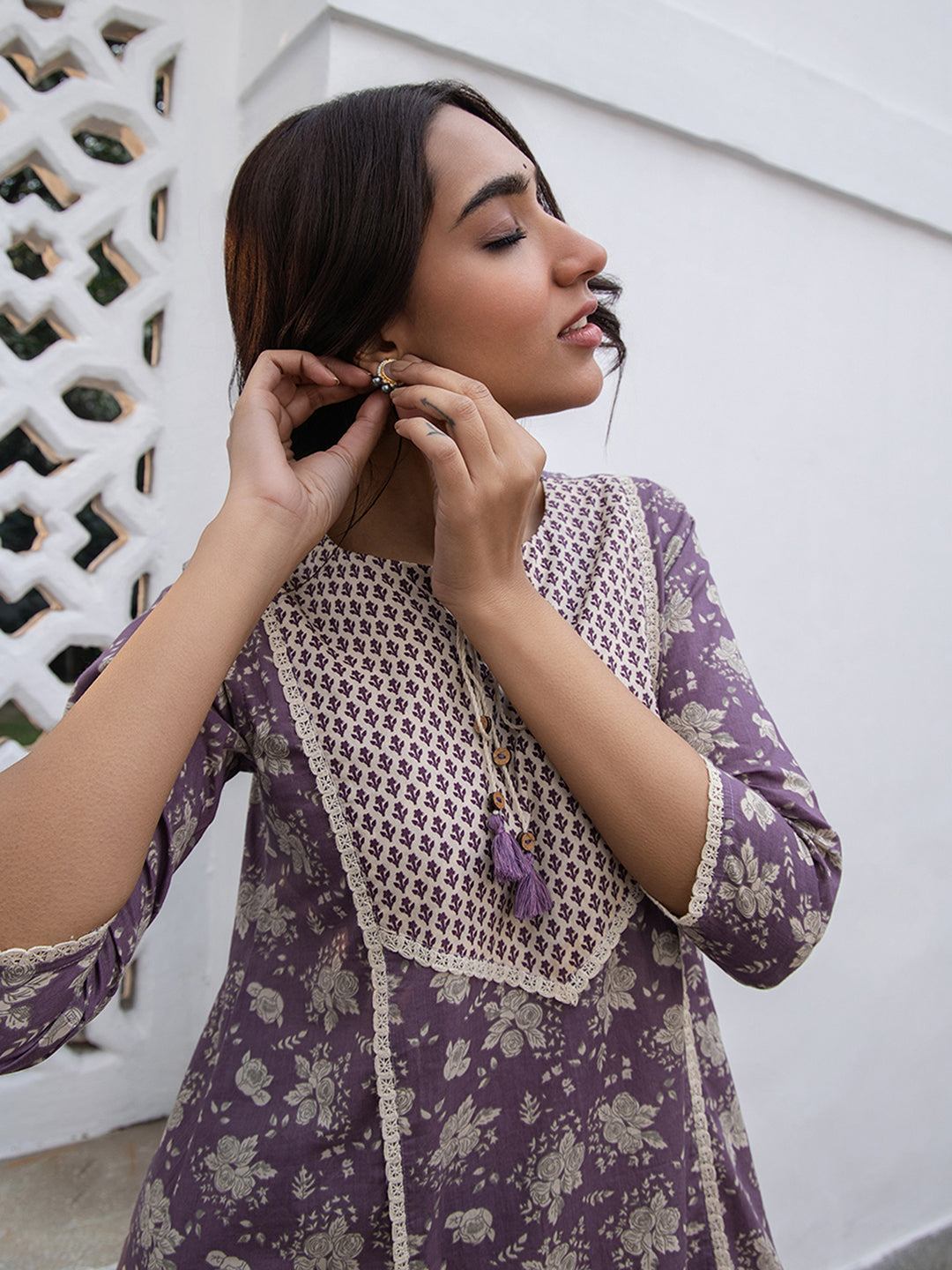 Janasya Purple Cotton Floral Kurta Set | Grocsy