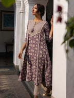 Janasya Purple Cambric Floral Kurta Set | Grocsy