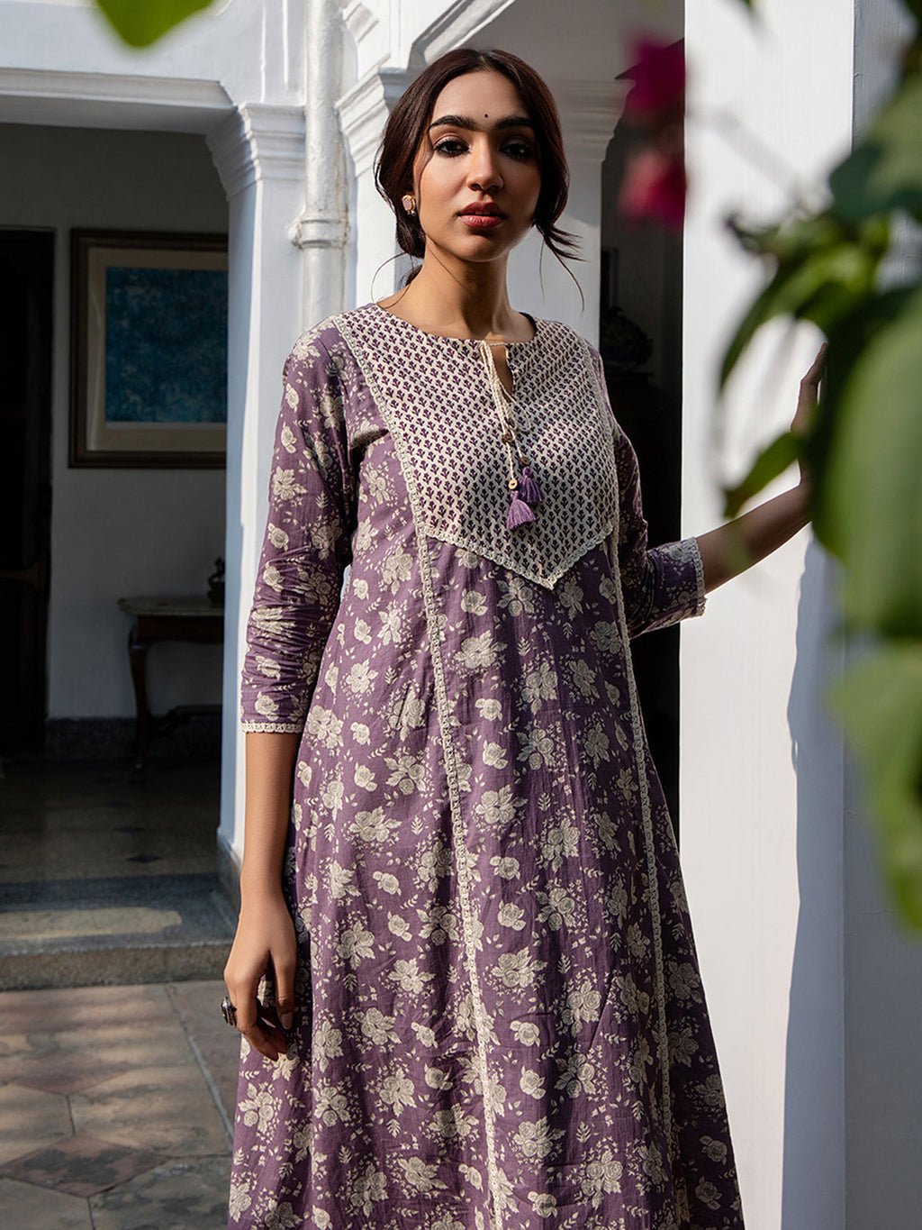 Janasya Purple Cotton Floral Kurta Set | Grocsy