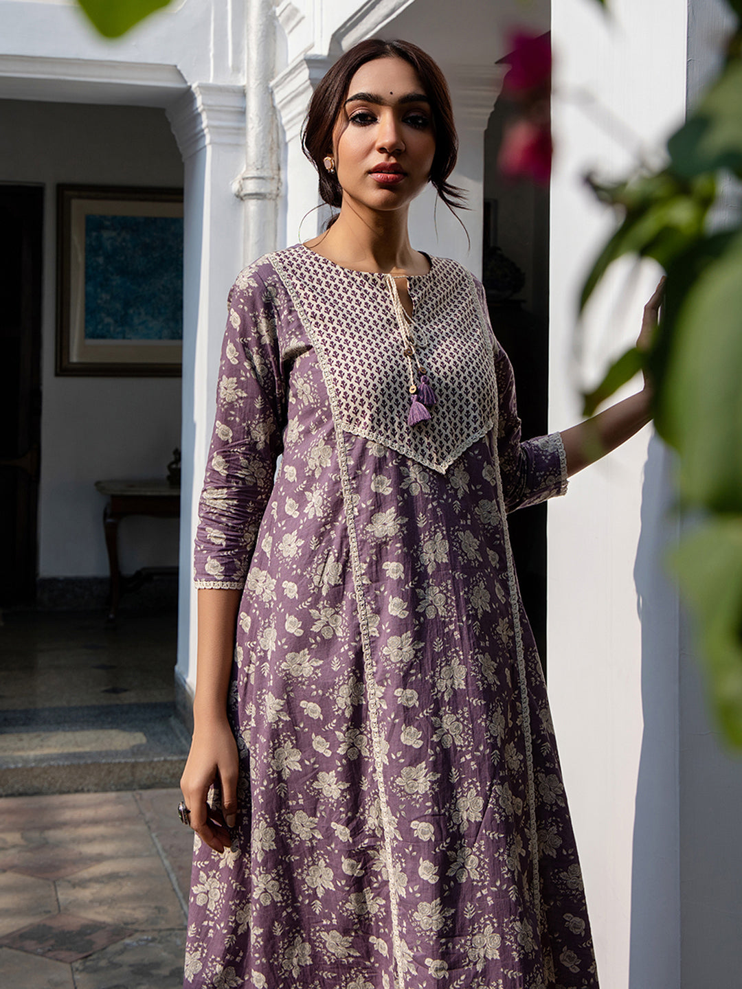 Janasya Purple Cambric Floral Kurta Set | Grocsy