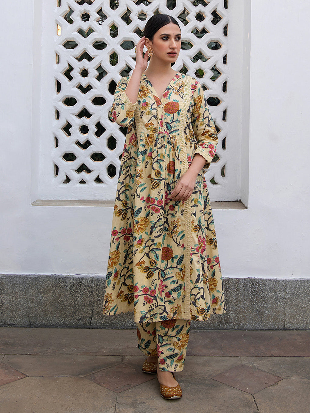 Janasya Gathered Cambric Beige Floral V-Neck Kurta & Bottom | Grocsy
