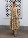 Janasya Gathered Cambric Beige Floral V-Neck Kurta & Bottom | Grocsy