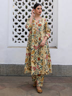Janasya Gathered Cambric Beige Floral V-Neck Kurta & Bottom | Grocsy