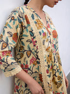 Janasya Gathered Cambric Beige Floral V-Neck Kurta & Bottom | Grocsy