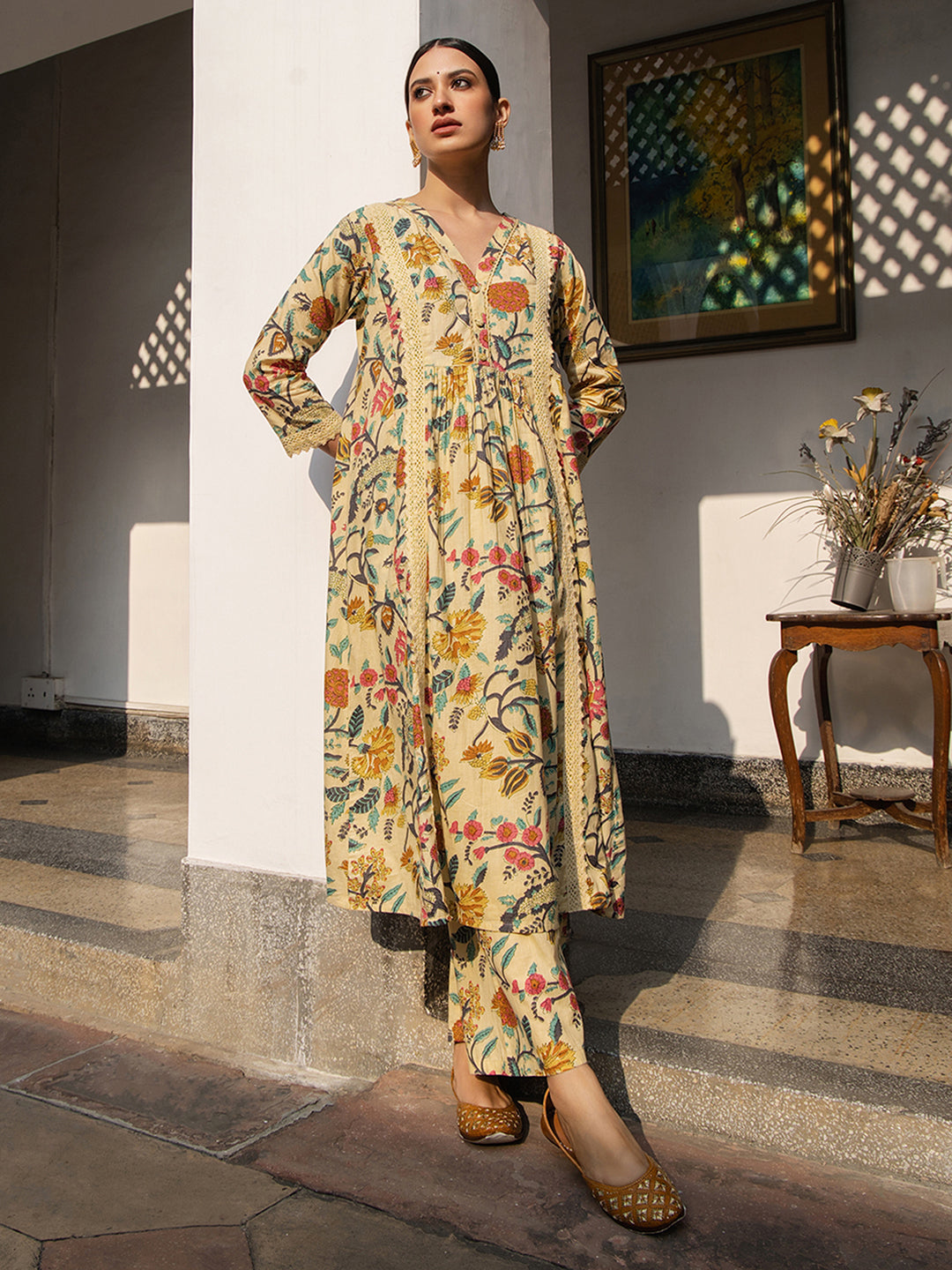 Janasya Gathered Cambric Beige Floral V-Neck Kurta & Bottom | Grocsy