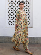 Janasya Gathered Cambric Beige Floral V-Neck Kurta & Bottom | Grocsy