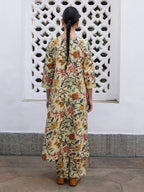 Janasya Gathered Cambric Beige Floral V-Neck Kurta & Bottom | Grocsy