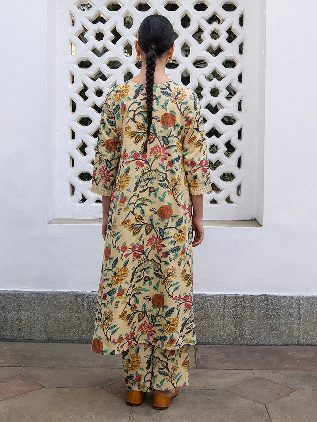 Janasya Gathered Cambric Beige Floral V-Neck Kurta & Bottom | Grocsy