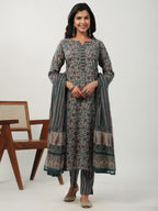 Janasya Beige Cambric Floral Kurta Set | Grocsy