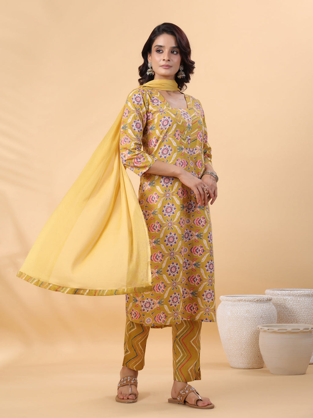 Janasya Straight Cambric Mustard Floral V-Neck Kurta,Bottom & Dupatta | Grocsy