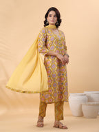 Janasya Straight Cambric Mustard Floral V-Neck Kurta,Bottom & Dupatta | Grocsy