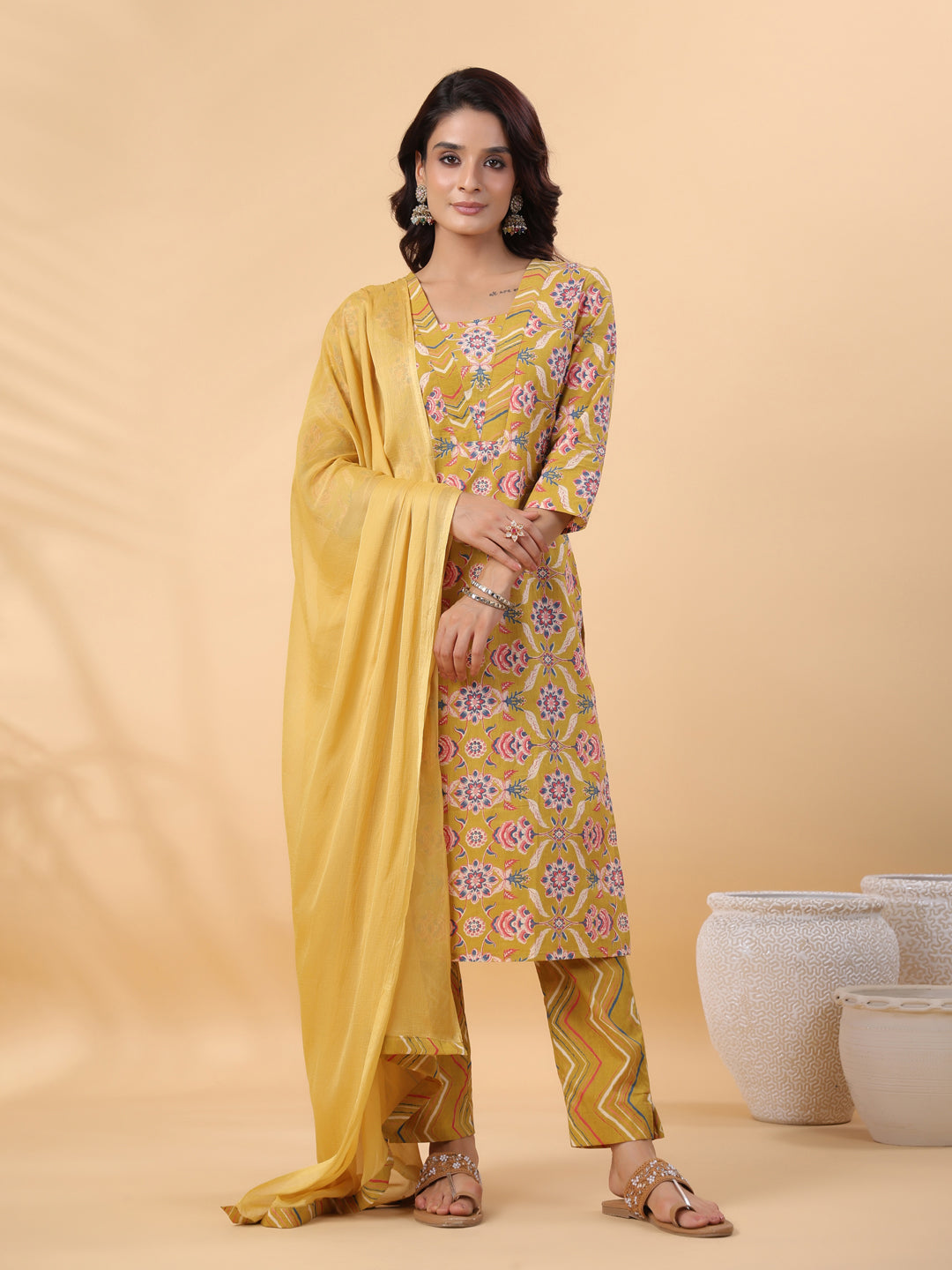 Janasya Straight Cambric Mustard Floral V-Neck Kurta,Bottom & Dupatta | Grocsy
