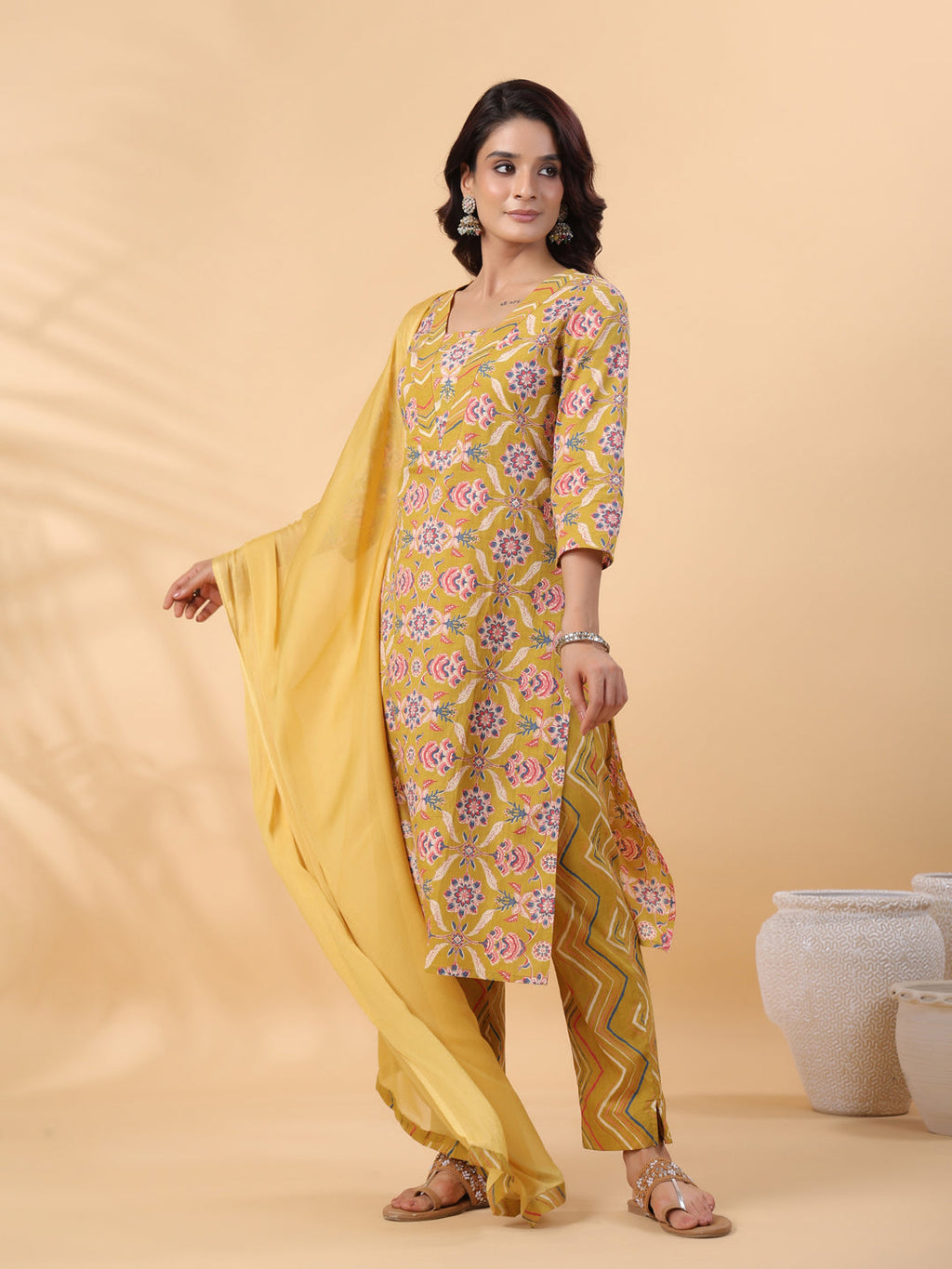 Janasya Straight Cambric Mustard Floral V-Neck Kurta,Bottom & Dupatta | Grocsy