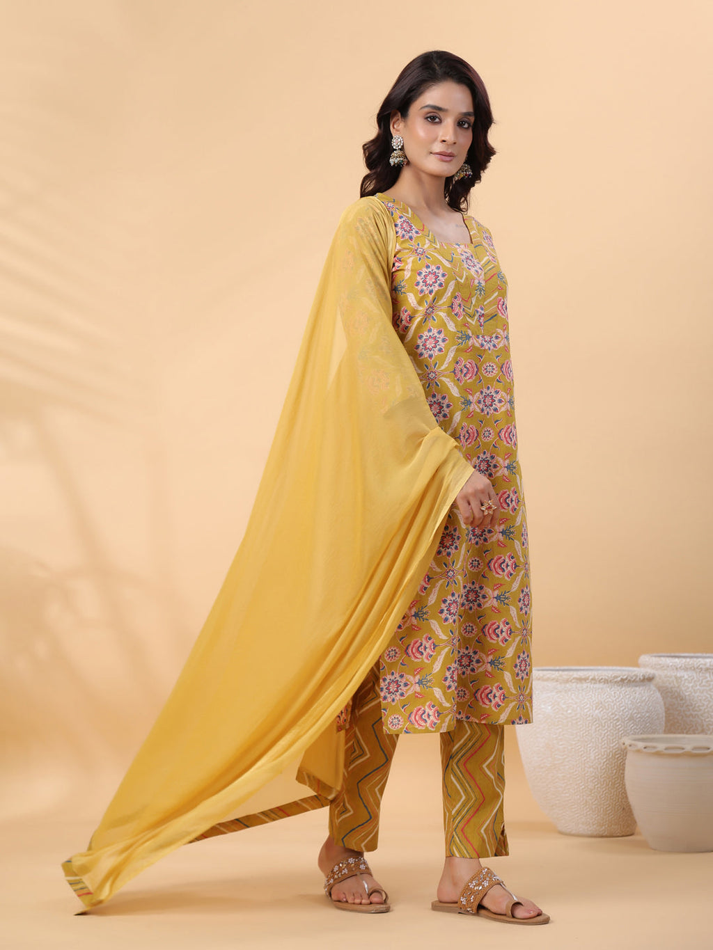 Janasya Straight Cambric Mustard Floral V-Neck Kurta,Bottom & Dupatta | Grocsy