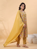 Janasya Straight Cambric Mustard Floral V-Neck Kurta,Bottom & Dupatta | Grocsy